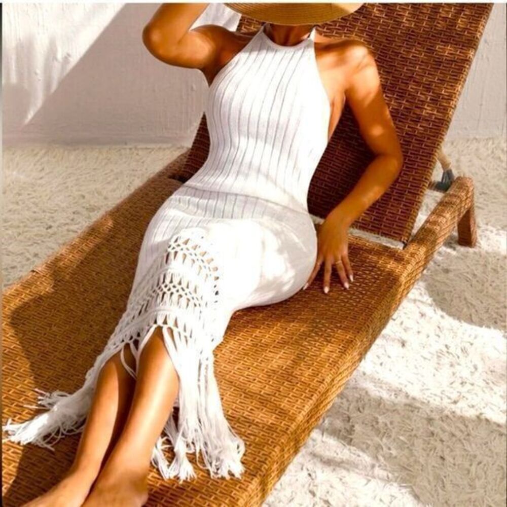 Cupshe Boho Halter Sheer Crocket Lace Fringe Macrame Knitted Beach‎ L RefCPS075